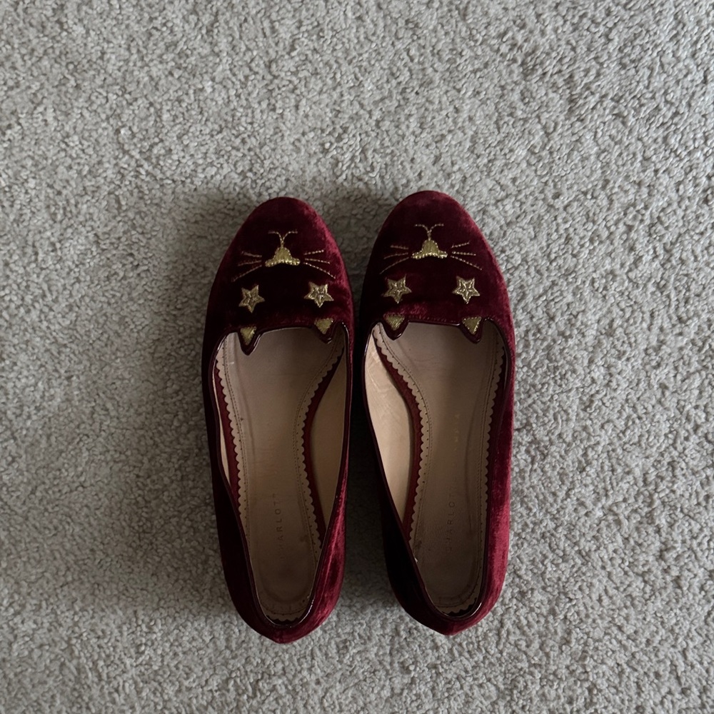Charlotte Olympia Red Velvet Cat Embroidered Loafers